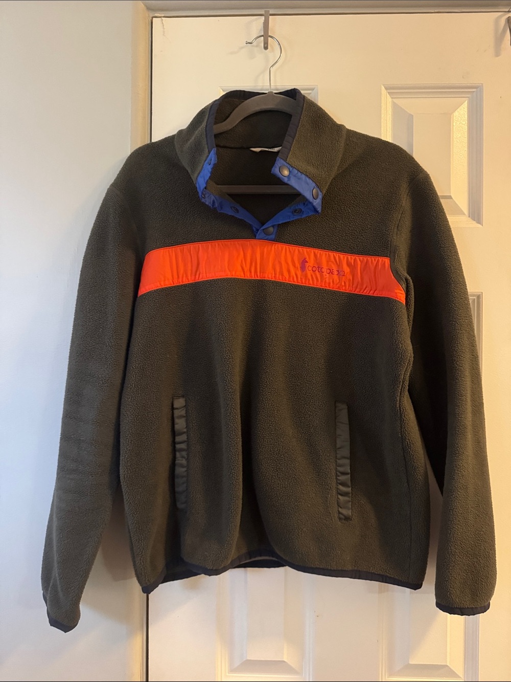 cotopaxi Olive Fleece Crewneck with Orange Chest Stripe and Blue Trim